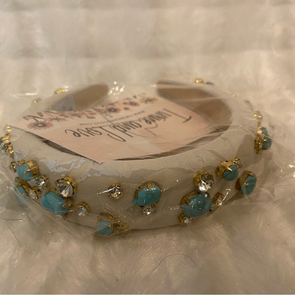 White Head Band  with Turquoise Stones and Crystal Accents